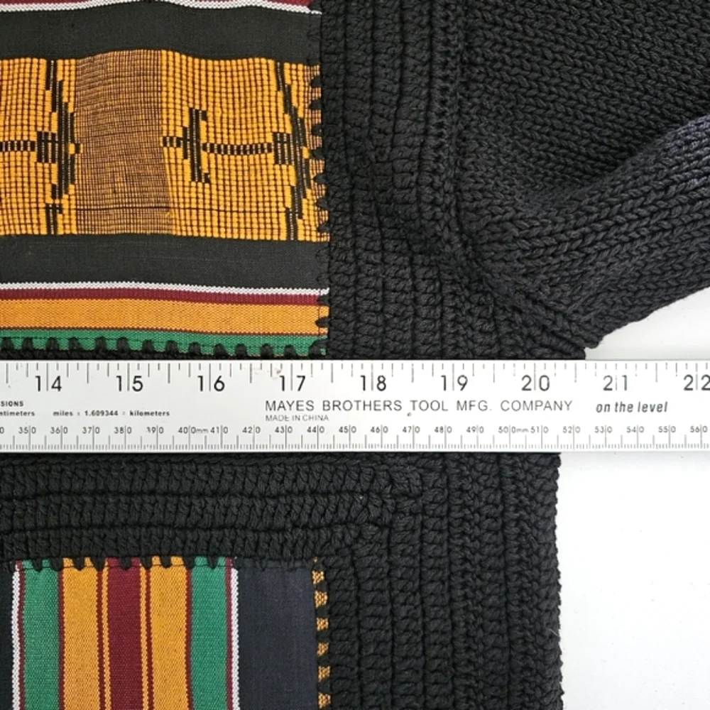Vintage N8tive Nits Cardigan Sweater Womens Size M Black Gold African Pattern‎